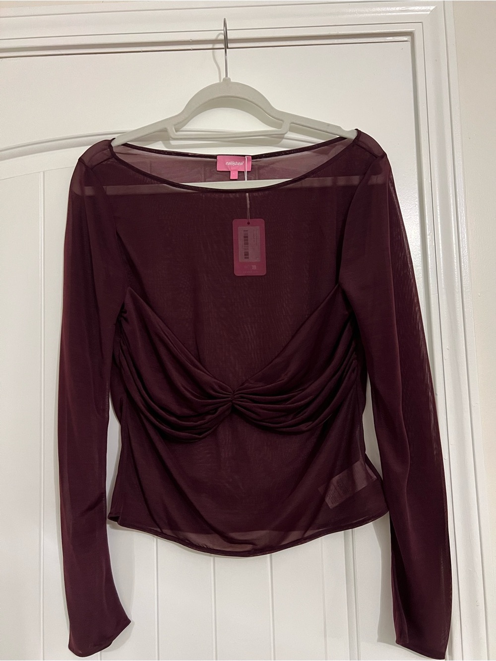 Edikted Burgundy Sheer Mesh Ruched Bust Long Sleeve Top L NWT